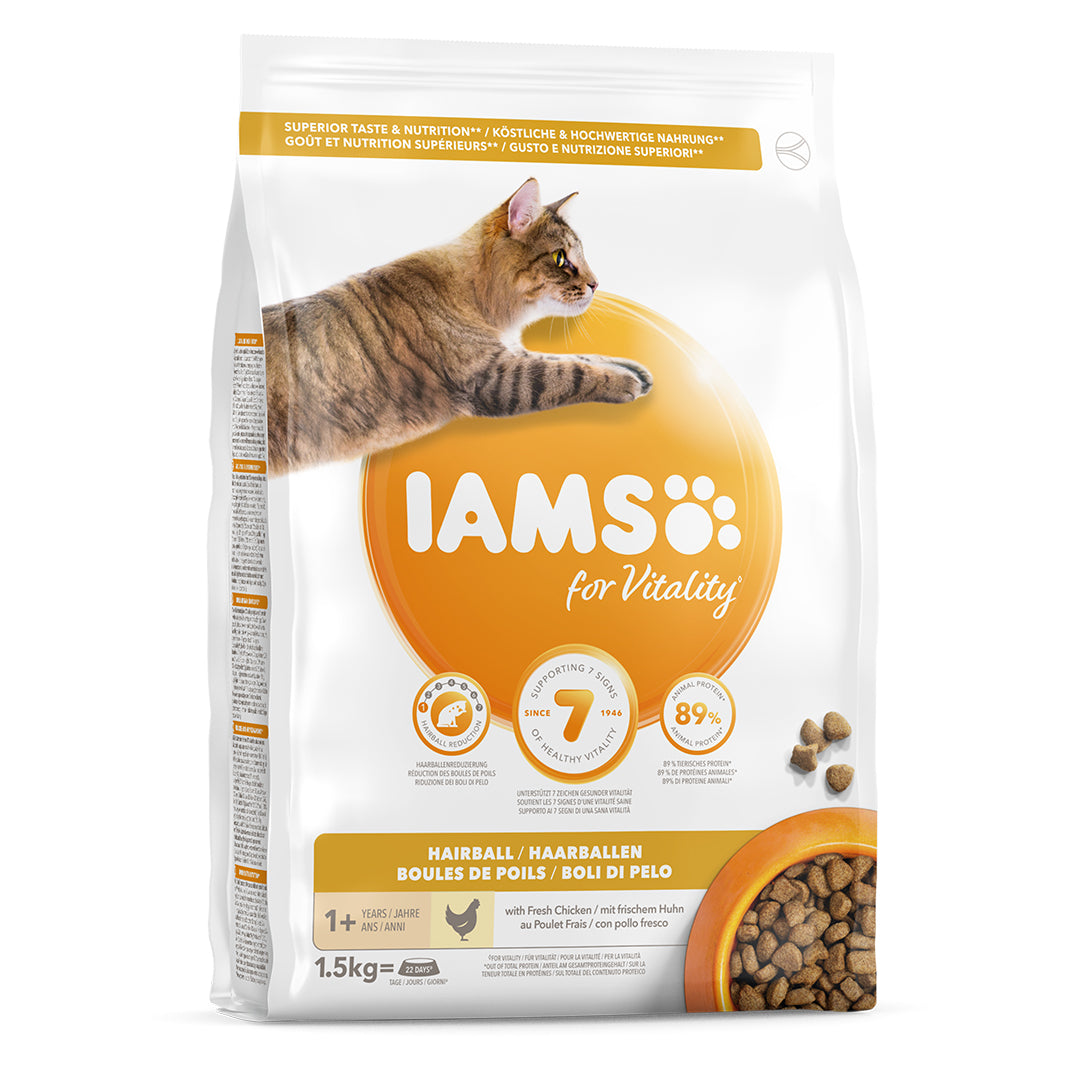 Photo du produit CROQUETTE ADULTE BOULE DE POILS POULET 1.5KG - CHAT IAMS