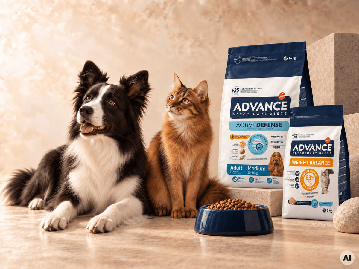 Chien et chat a coté de sacs de croquettes premium