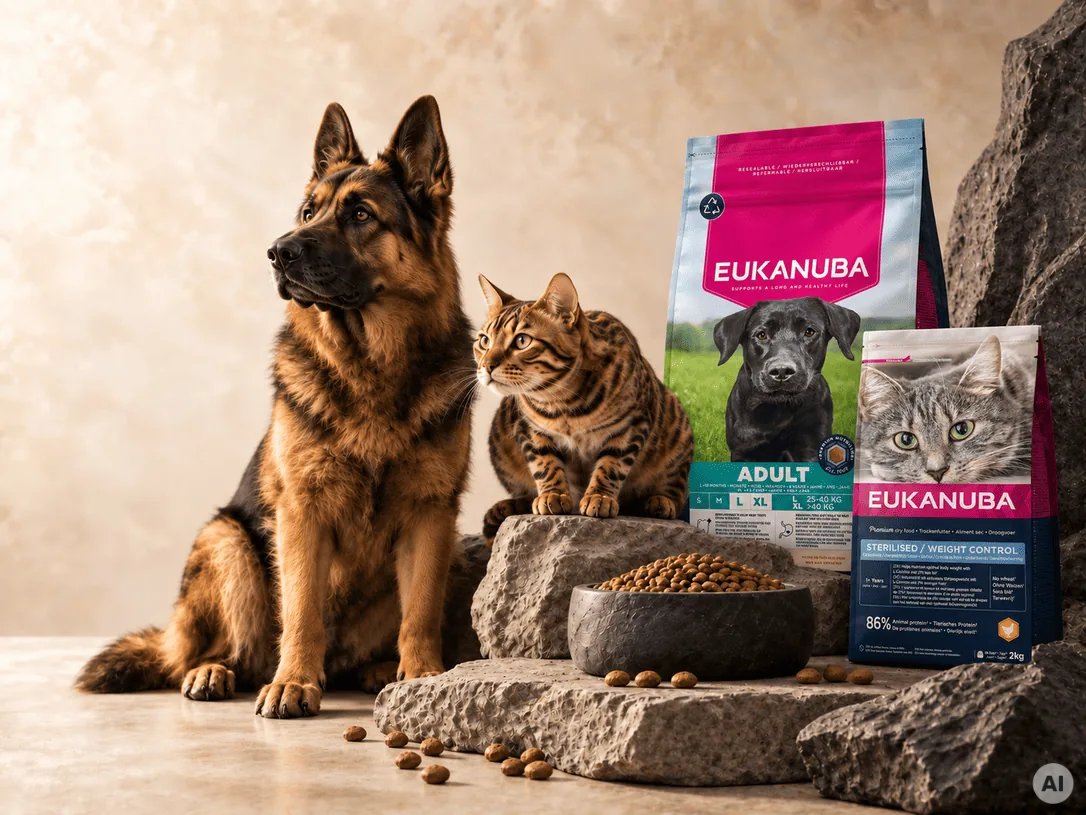 Chien et chat a coté de sacs de croquettes premium