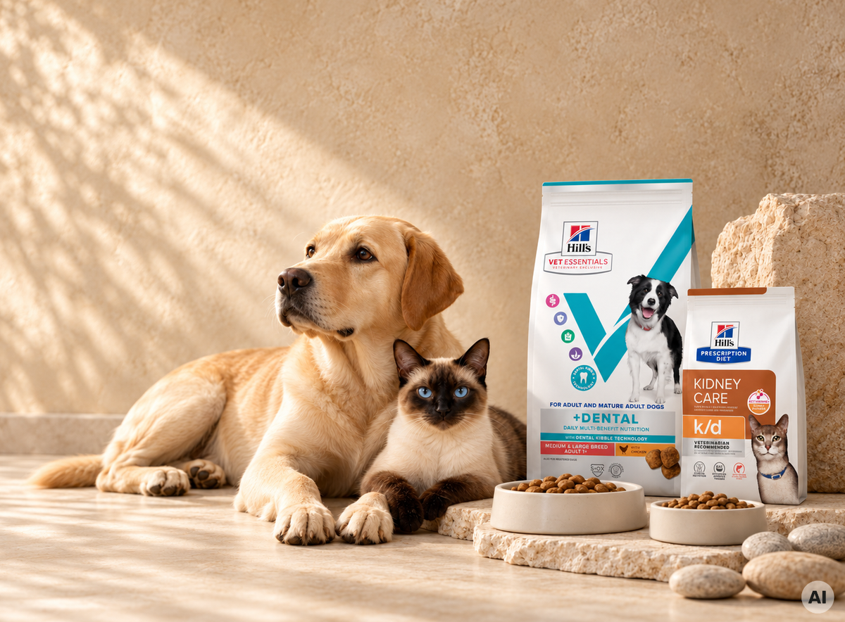 Chien et chat a coté de sacs de croquettes premium