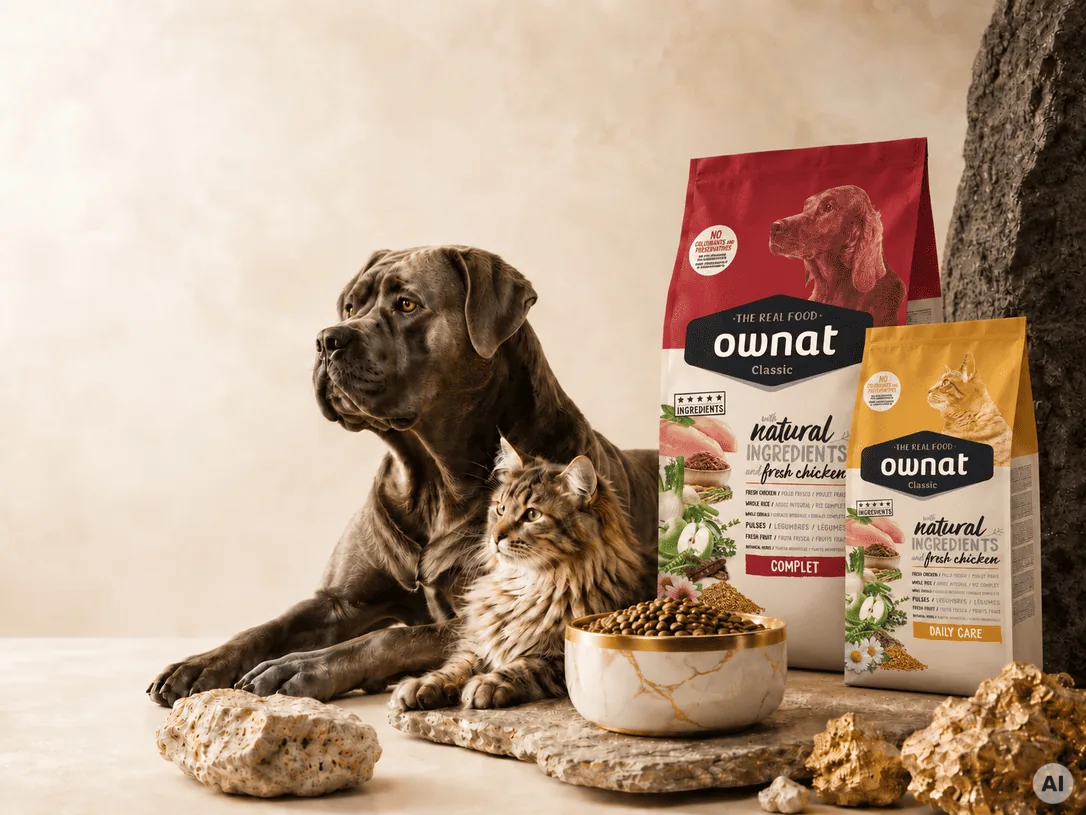 Chien et chat a coté de sacs de croquettes premium