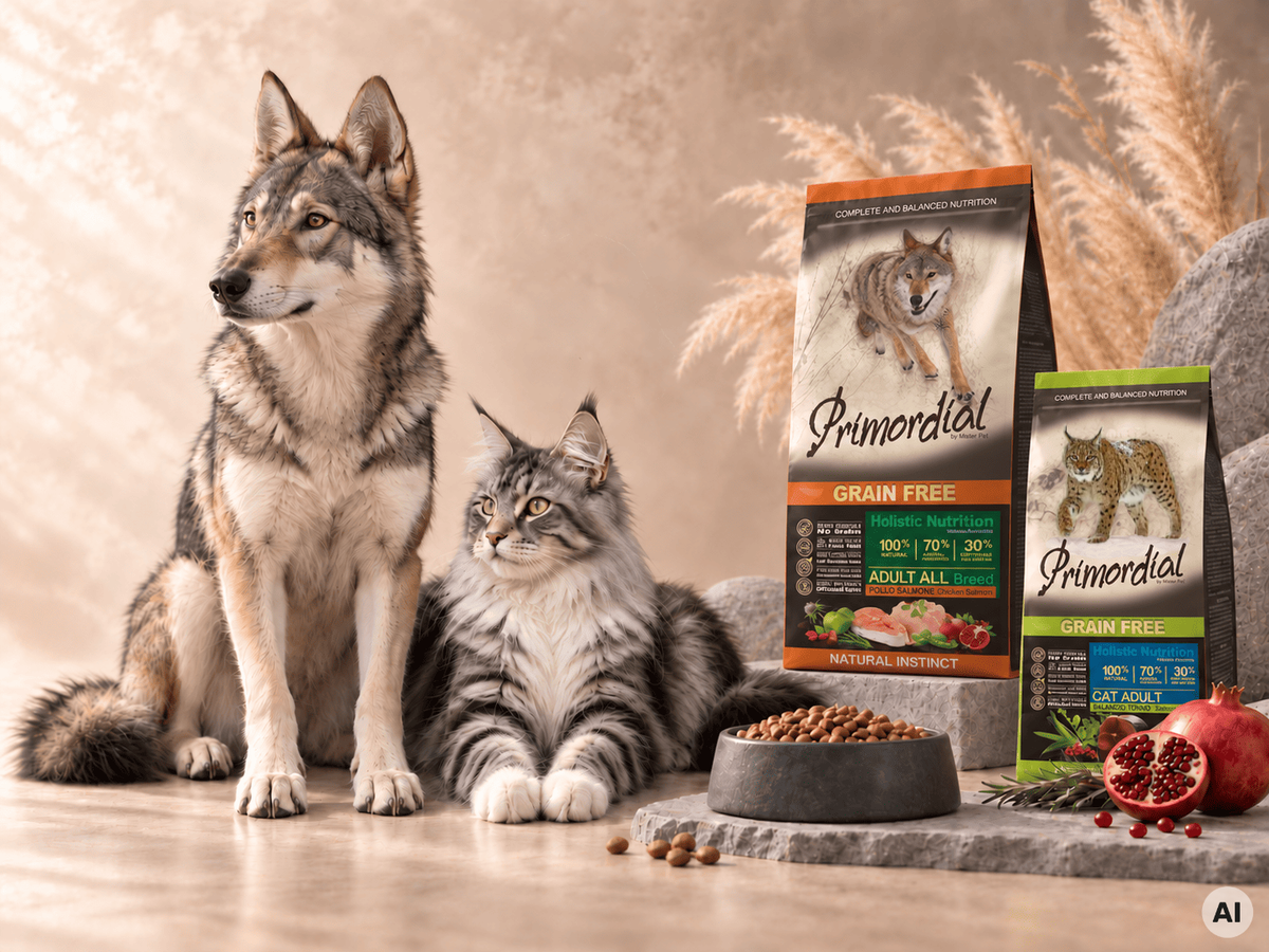 Chien et chat a coté de sacs de croquettes premium