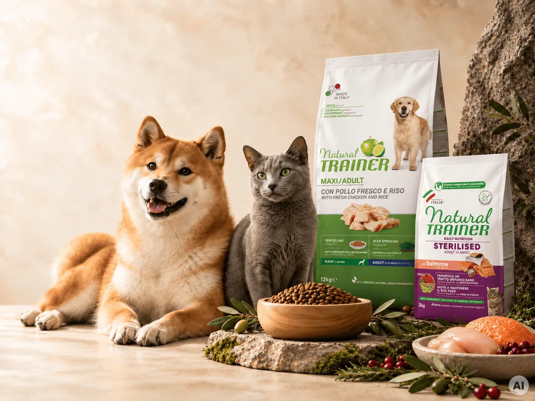 Chien et chat a coté de sacs de croquettes premium